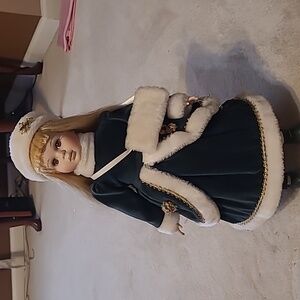 Seymour Mann Connoisseur Collection Porcelain Blond Hair Doll, Holiday Outfit